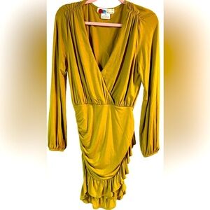 FP Beach Miami Ruched Ruffled Mustard Yellow Mini Dress Swim Cover Casual Beach